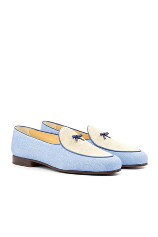 Ambrogio Handmade Custom Blue & Beige Linen Fabric Belgian Loafers (AMB2191)-AmbrogioShoes