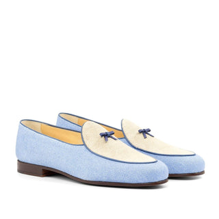 Ambrogio Handmade Custom Blue & Beige Linen Fabric Belgian Loafers (AMB2191)-AmbrogioShoes