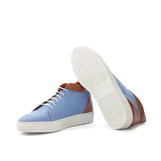 Ambrogio Handmade Custom Blue & Cognac Linen / Calf-Skin Leather High-Top Sneakers (AMB2134)-AmbrogioShoes
