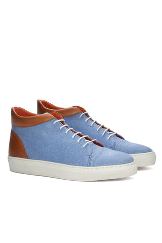 Ambrogio Handmade Custom Blue & Cognac Linen / Calf-Skin Leather High-Top Sneakers (AMB2134)-AmbrogioShoes