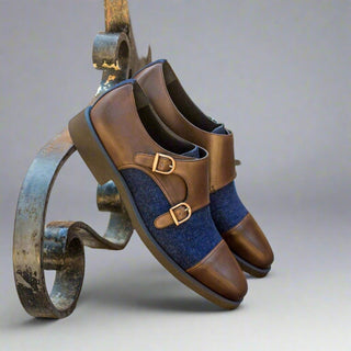 Ambrogio Handmade Custom Blue Jeans & Brown Fabric / Calf-Skin Leather Oxfords (AMB1894)-AmbrogioShoes