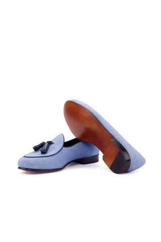 Ambrogio Handmade Custom Blue Linen Fabric Tassels Loafers (AMB1978)-AmbrogioShoes
