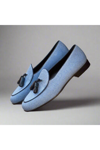 Ambrogio Handmade Custom Blue Linen Fabric Tassels Loafers (AMB1978)-AmbrogioShoes