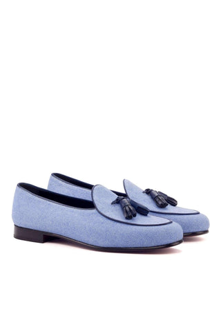 Ambrogio Handmade Custom Blue Linen Fabric Tassels Loafers (AMB1978)-AmbrogioShoes