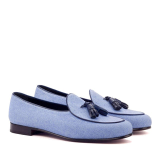 Ambrogio Handmade Custom Blue Linen Fabric Tassels Loafers (AMB1978)-AmbrogioShoes