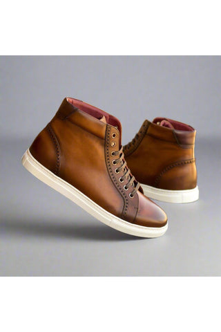 Ambrogio Handmade Custom Brown & Burgundy Calf-Skin Leather High-Top Sneakers (AMB1861)-AmbrogioShoes