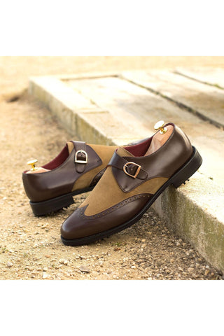 Ambrogio Handmade Custom Brown & Camel Suede / Calf-Skin Leather Monk Strap (AMB1862)-AmbrogioShoes