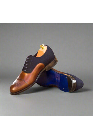 Ambrogio Handmade Custom Brown & Navy Fabric / Calf-Skin Leather Oxfords (AMB1994)-AmbrogioShoes