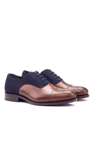 Ambrogio Handmade Custom Brown & Navy Fabric / Calf-Skin Leather Oxfords (AMB1994)-AmbrogioShoes