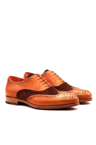 Ambrogio Handmade Custom Brown & Orange Suede / Calf-Skin Leather Wingtip Oxfords (AMB1880)-AmbrogioShoes