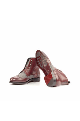Ambrogio Handmade Custom Burgundy & Gray Flannel / Calf-Skin Leather Military Boots (AMB2183)-AmbrogioShoes