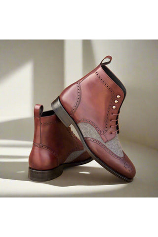 Ambrogio Handmade Custom Burgundy & Gray Flannel / Calf-Skin Leather Military Boots (AMB2183)-AmbrogioShoes