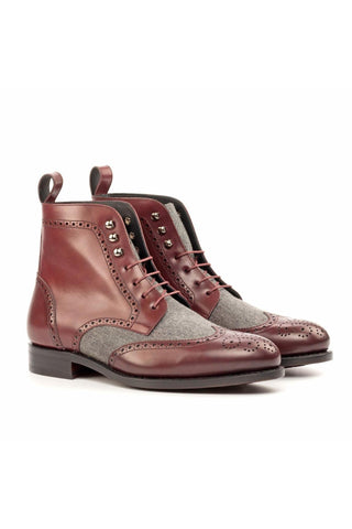 Ambrogio Handmade Custom Burgundy & Gray Flannel / Calf-Skin Leather Military Boots (AMB2183)-AmbrogioShoes
