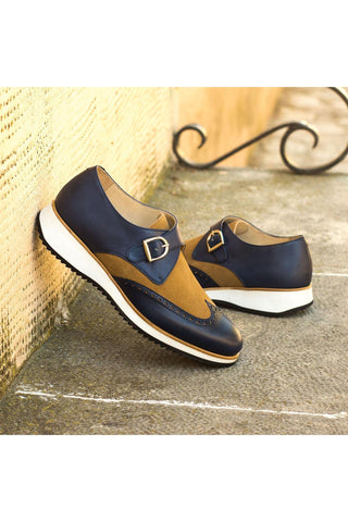 Ambrogio Handmade Custom Camel & Navy Suede / Calf-Skin Leather Monk Strap (AMB2162)-AmbrogioShoes