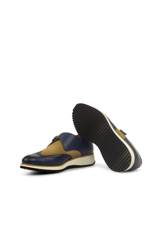 Ambrogio Handmade Custom Camel & Navy Suede / Calf-Skin Leather Monk Strap (AMB2162)-AmbrogioShoes
