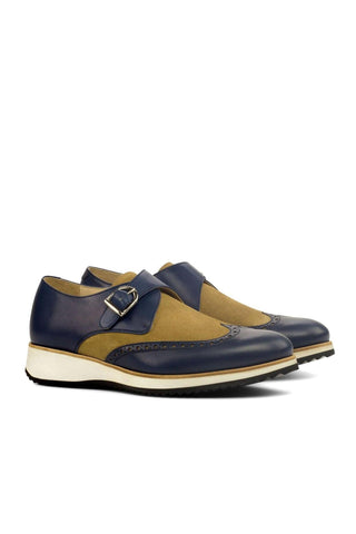 Ambrogio Handmade Custom Camel & Navy Suede / Calf-Skin Leather Monk Strap (AMB2162)-AmbrogioShoes