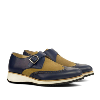 Ambrogio Handmade Custom Camel & Navy Suede / Calf-Skin Leather Monk Strap (AMB2162)-AmbrogioShoes