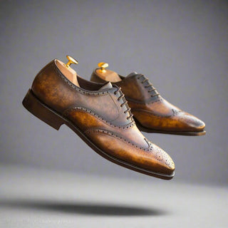 Ambrogio Handmade Custom Cognac & Brown Patina Leather Wingtip Oxfords (AMB1875)-AmbrogioShoes