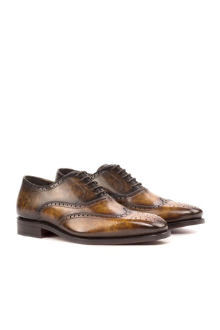Ambrogio Handmade Custom Cognac & Brown Patina Leather Wingtip Oxfords (AMB1875)-AmbrogioShoes