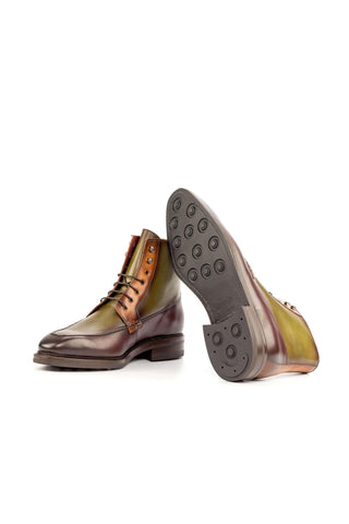 Ambrogio Handmade Custom Cognac, Burgundy & Olive Calf-Skin Leather Moccasin Boots (AMB1950)-AmbrogioShoes
