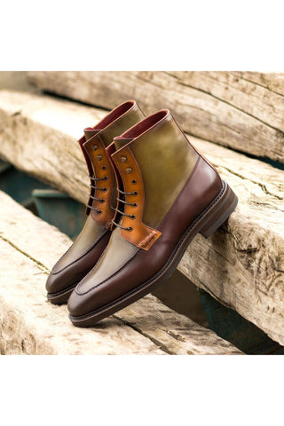 Ambrogio Handmade Custom Cognac, Burgundy & Olive Calf-Skin Leather Moccasin Boots (AMB1950)-AmbrogioShoes