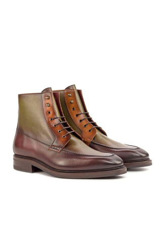 Ambrogio Handmade Custom Cognac, Burgundy & Olive Calf-Skin Leather Moccasin Boots (AMB1950)-AmbrogioShoes