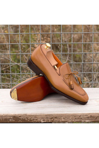 Ambrogio Handmade Custom Cognac Calf-Skin Leather Tassels Loafers (AMB2148)-AmbrogioShoes