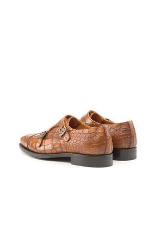Ambrogio Handmade Custom Cognac Crocodile Embossed / Calf-Skin Leather Monk-Straps Loafers (AMB2195)-AmbrogioShoes