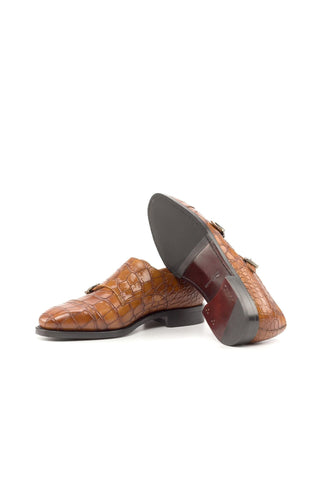 Ambrogio Handmade Custom Cognac Crocodile Embossed / Calf-Skin Leather Monk-Straps Loafers (AMB2195)-AmbrogioShoes