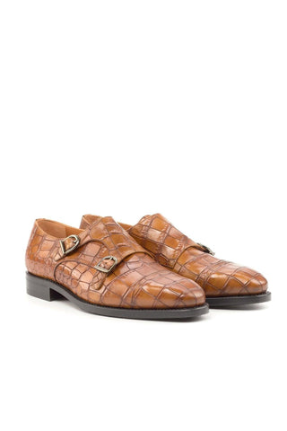 Ambrogio Handmade Custom Cognac Crocodile Embossed / Calf-Skin Leather Monk-Straps Loafers (AMB2195)-AmbrogioShoes