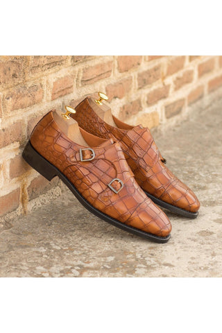 Ambrogio Handmade Custom Cognac Crocodile Print / Calf-Skin Leather Monk-Straps Loafers (AMB2195)-AmbrogioShoes