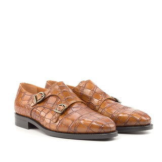 Ambrogio Handmade Custom Cognac Crocodile Print / Calf-Skin Leather Monk-Straps Loafers (AMB2195)-AmbrogioShoes