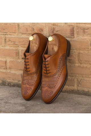 Ambrogio Handmade Custom Cognac & Dark Brown Crocodile Print / Calf-Skin Leather Wingtip Oxfords (AMB1929)-AmbrogioShoes