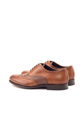 Ambrogio Handmade Custom Cognac & Dark Brown Crocodile Print / Calf-Skin Leather Wingtip Oxfords (AMB1929)-AmbrogioShoes