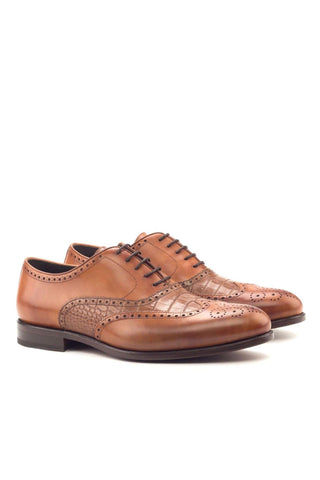 Ambrogio Handmade Custom Cognac & Dark Brown Crocodile Print / Calf-Skin Leather Wingtip Oxfords (AMB1929)-AmbrogioShoes