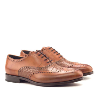 Ambrogio Handmade Custom Cognac & Dark Brown Crocodile Print / Calf-Skin Leather Wingtip Oxfords (AMB1929)-AmbrogioShoes