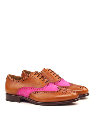 Ambrogio Handmade Custom Cognac & Fuschia Suede / Calf-Skin Leather Full Brogue Oxfords (AMB2152)-AmbrogioShoes