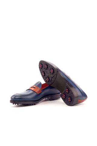 Ambrogio Handmade Custom Cognac & Navy Calf-Skin Leather Golf Loafers (AMB2168)-AmbrogioShoes
