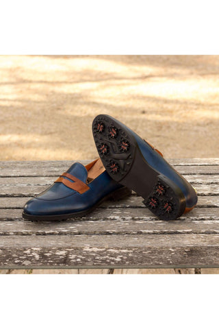 Ambrogio Handmade Custom Cognac & Navy Calf-Skin Leather Golf Loafers (AMB2168)-AmbrogioShoes