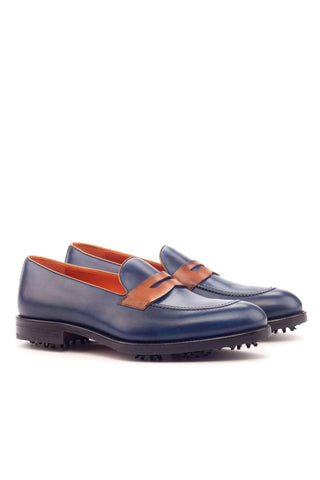 Ambrogio Handmade Custom Cognac & Navy Calf-Skin Leather Golf Loafers (AMB2168)-AmbrogioShoes