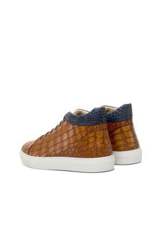 Ambrogio Handmade Custom Cognac & Navy Crocodile Embossed / Calf-Skin Leather High Top Sneakers (AMB2213)-AmbrogioShoes