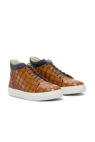 Ambrogio Handmade Custom Cognac & Navy Crocodile Embossed / Calf-Skin Leather High Top Sneakers (AMB2213)-AmbrogioShoes