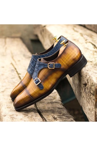 Ambrogio Handmade Custom Cognac & Navy Crocodile Embossed / Patina Leather Monk-Straps Loafers (AMB1912)-AmbrogioShoes