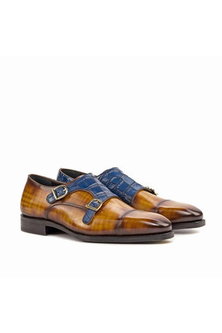 Ambrogio Handmade Custom Cognac & Navy Crocodile Embossed / Patina Leather Monk-Straps Loafers (AMB1912)-AmbrogioShoes