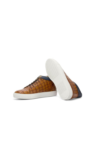 Ambrogio Handmade Custom Cognac & Navy Crocodile Print / Calf-Skin Leather High Top Sneakers (AMB2213)-AmbrogioShoes