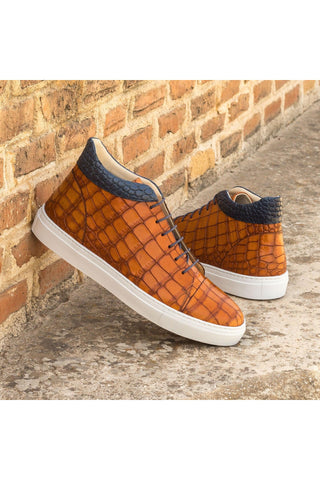 Ambrogio Handmade Custom Cognac & Navy Crocodile Print / Calf-Skin Leather High Top Sneakers (AMB2213)-AmbrogioShoes