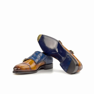 Ambrogio Handmade Custom Cognac & Navy Crocodile Print / Patina Leather Monk-Straps Loafers (AMB1912)-AmbrogioShoes