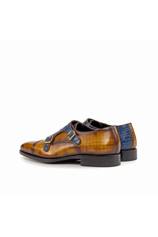 Ambrogio Handmade Custom Cognac & Navy Crocodile Print / Patina Leather Monk-Straps Loafers (AMB1912)-AmbrogioShoes