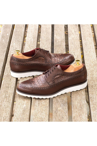 Ambrogio Handmade Custom Dark Brown Crocodile Print / Calf-Skin Leather Wingtip Oxfords (AMB1896)-AmbrogioShoes