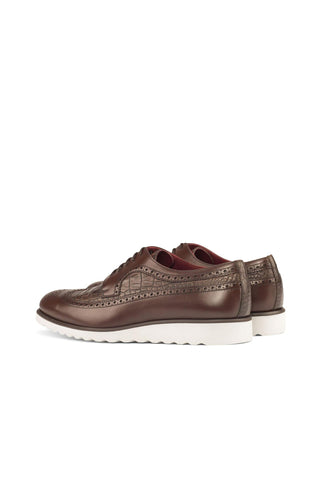 Ambrogio Handmade Custom Dark Brown Crocodile Print / Calf-Skin Leather Wingtip Oxfords (AMB1896)-AmbrogioShoes
